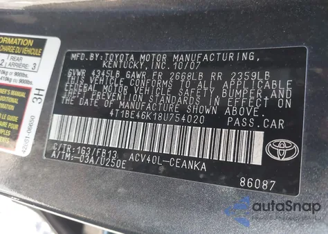 2008 Toyota Camry Le z USA, uszkodzony, nr VIN 4T1BE46K18U754020